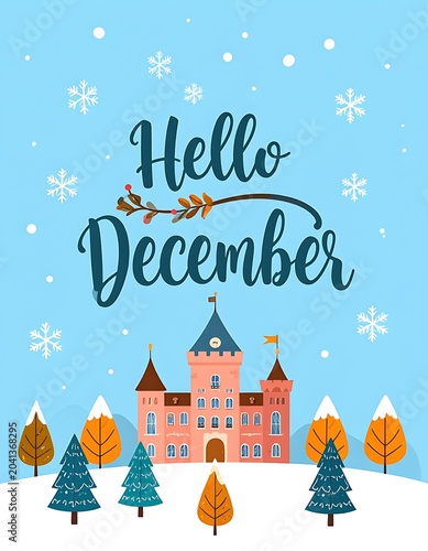 Winter scene with castle and Hello December.