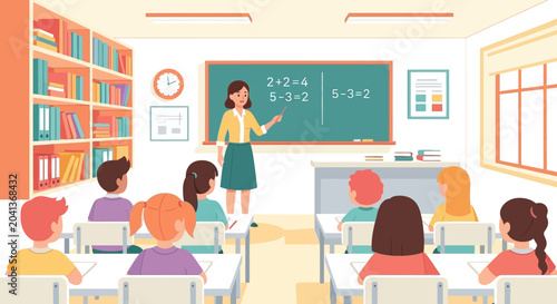 Teacher writing on blackboard in classroom.