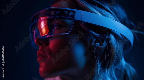 Woman wearing futuristic glasses, illuminated by red and blue light