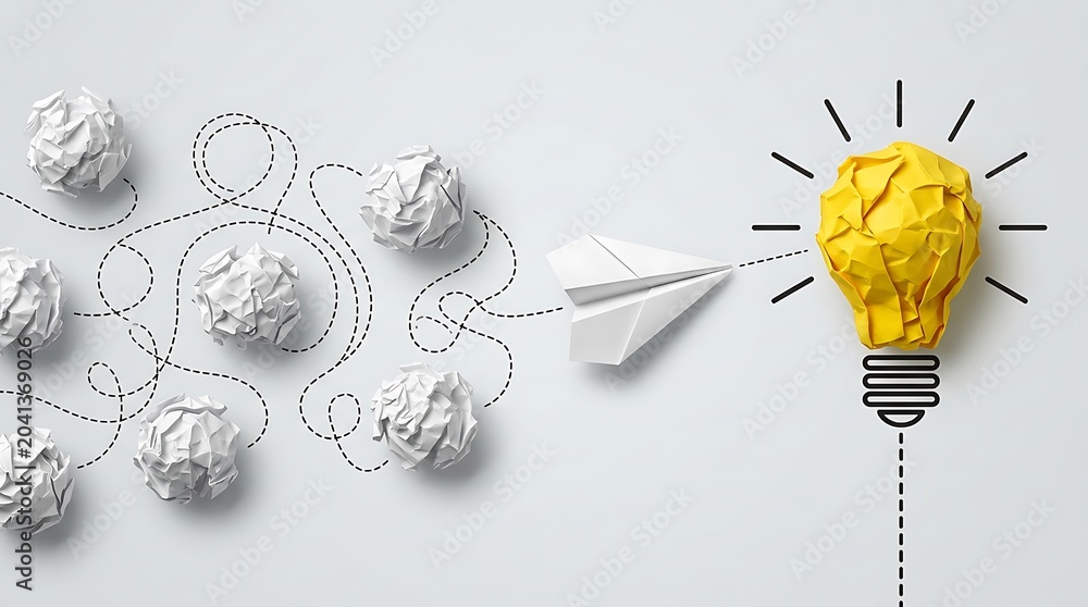 Naklejka premium Paper airplane navigating through crumpled paper obstacles towards a bright yellow crumpled paper lightbulb representing innovation and a new idea.