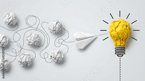 Paper airplane navigating through crumpled paper obstacles towards a bright yellow crumpled paper lightbulb representing innovation and a new idea