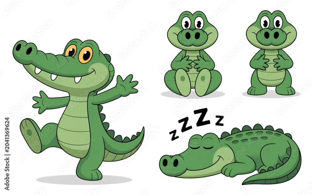Fototapeta premium Cute pixel art crocodile character set showing different poses including dancing standing and sleeping in a fun retro video game style Vector