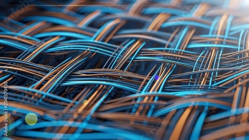Abstract Woven Fiber Structure with Blue and Orange Highlights.