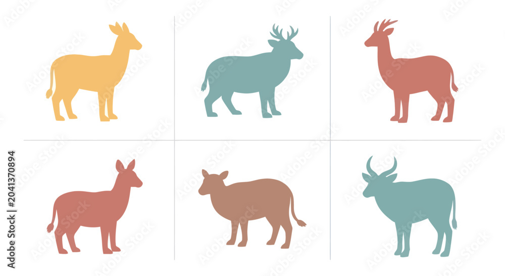 Obraz premium Set of stylized colorful animal silhouettes including deer, cow, and antelope in divided simple flat design, perfect for nature and wildlife projects