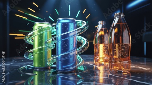 Three sleek beverage containers with glowing liquid effects and dynamic light trails isolated on transparent background for futuristic advertising and digital design
