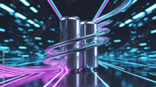 Cinematic photorealistic mockup of three metallic batteries with neon light effects on transparent background for technology and innovation concepts