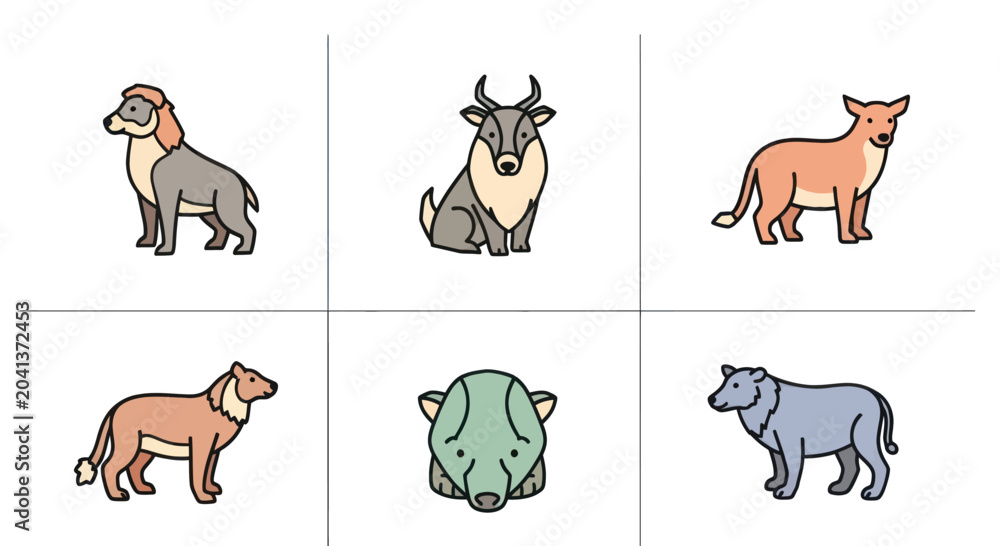Obraz premium Set of six colorful wild animal illustrations including lion, antelope, wolf, and bear in simple vector style for wildlife and nature projects