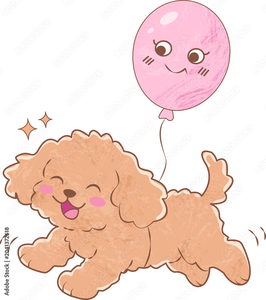 Fototapeta premium Adorable Happy Cavoodle Dog Chasing a Cheerful Pink Balloon, Watercolor Hand Drawn Cartoon Whimsical