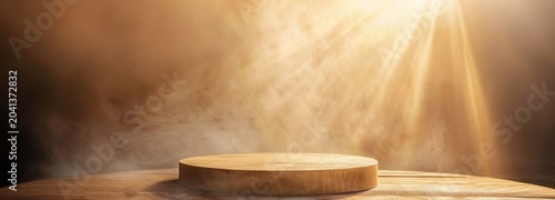 Golden Spotlight on Empty Stage: A solitary wooden podium sits center stage, illuminated by dramatic golden light beams piercing through smoky haze.