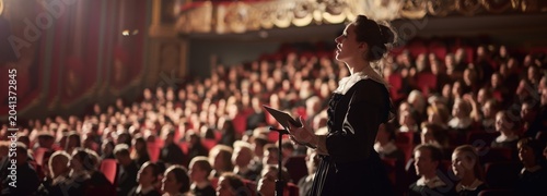 A Captivating Performance: A lone woman, dressed in historical attire, stands on a stage, captivating a vast audience in a grand theater. The warm light highlights her presence.