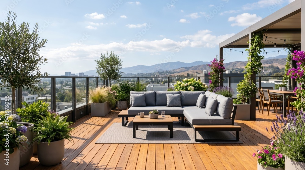 Obraz premium Luxury rooftop terrace with comfortable outdoor furniture and mountain view