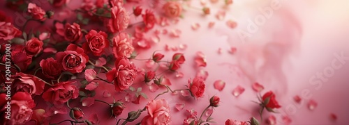 Roses in Bloom: A romantic panorama of deep red roses and scattered petals, creating an atmosphere of delicate beauty and soft allure, bathed in a gentle, dreamy light.