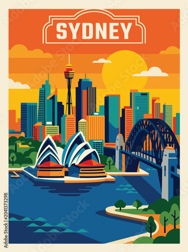 Photography Modern Sydney travel poster featuring a vibrant harbor skyline, waterfront scene