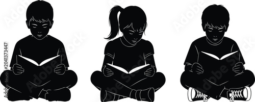 Foto Children reading silhouette vector, education theme, black artwork, literacy ill