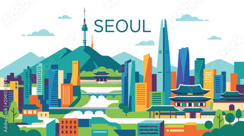 Photography Modern Seoul travel poster featuring a vibrant urban skyline, scenic mountain ba