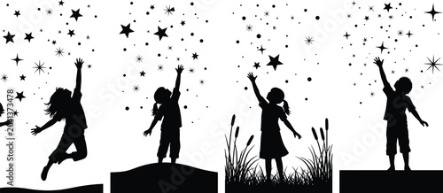 Photos Children reaching for stars silhouette vector, black white dreamy clipart, imagi