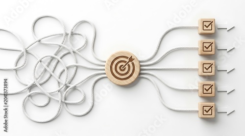 Symbolic wooden target with tangled rope transforming into a clear checklist of completed tasks and goals on white background