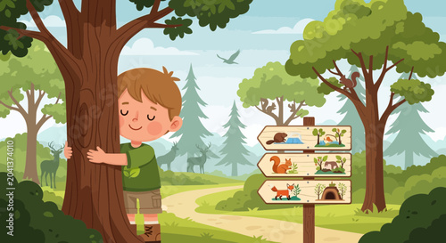 Boy Exploring Forest Wildlife Signs Near Tree