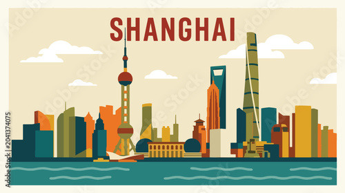 Canvas Print Contemporary Shanghai travel poster featuring a striking waterfront skyline, col