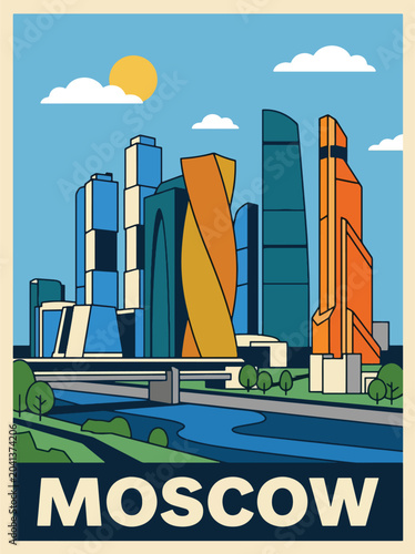 Canvas Print Stylish Moscow travel poster featuring a metropolitan skyline, colorful urban sc