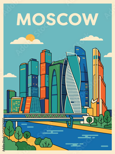 Photography Stylish Moscow travel poster featuring a metropolitan skyline, colorful urban sc