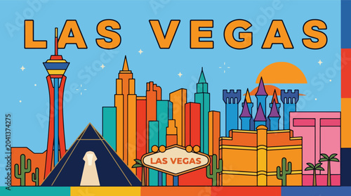 Canvas Print Vibrant Las Vegas travel poster showcasing a desert city skyline, colorful urban
