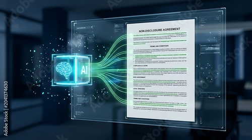 Artificial Intelligence AI analyzes a Non-Disclosure Agreement NDA on a digital futuristic interface, showcasing legal tech automation and smart contract review.