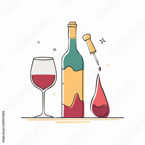 Wine Bottle, Glass, and Dropper with Red Liquid