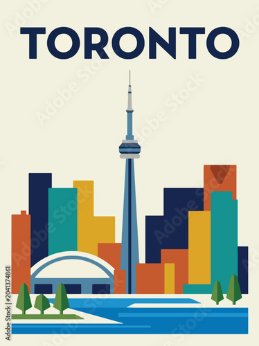 Canvas Print Modern Toronto travel poster featuring a colorful skyline, waterfront scenery, i