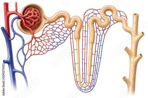 Human nephron with associated renal microvasculature, including glomerulus, Bowman's capsule, proximal convoluted tubule, loop of Henle, distal convoluted tubule, collecting duct, peritubular capillar