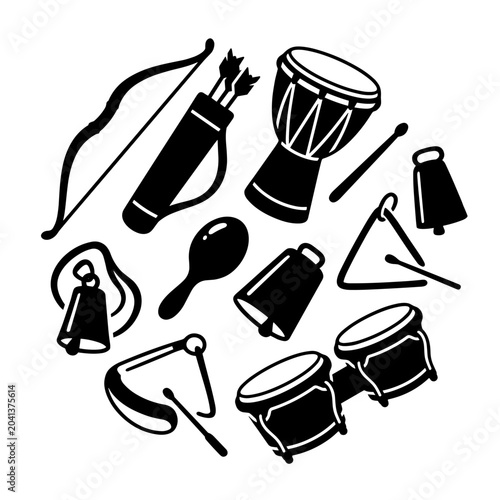 Circular set of black vector icons featuring traditional music instruments, percussion, and archery on a white background
