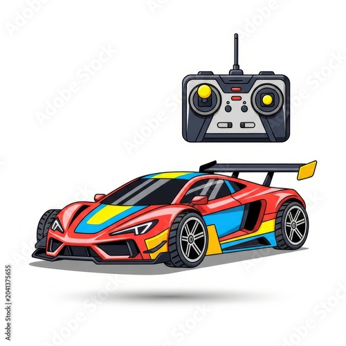 Remote Control Toy Car Illustration Vector with Wireless Controller and Racing Vehicle Isolated on White Background