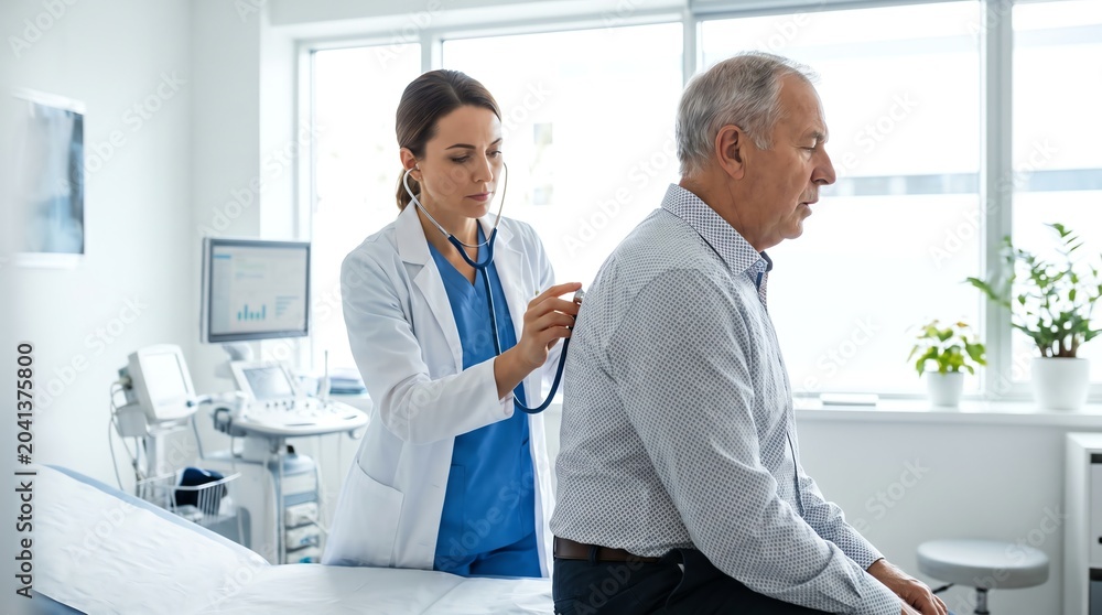 Obraz premium Healthcare Professional Examining a Senior Patients Back During a Routine Medical Checkup