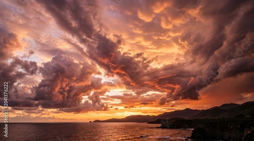 Dramatic Golden Hour Sunset Over Coastal Mountain Landscape