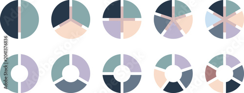 Infographic pie chart set. Pie chart set. Colorful diagram collection with 2,3,4,5,6 sections or steps. Pie chart color icons. Segment slice sign. Circle section graph