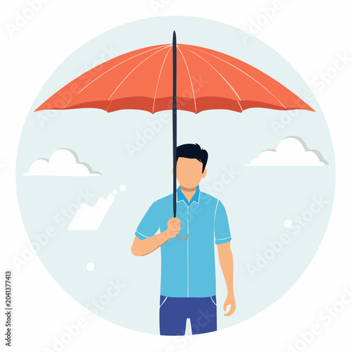 Man Holding Red Umbrella Under Clouds