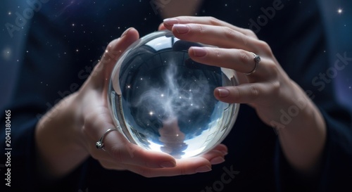 A crystal ball with a reflection of a starry night sky inside, held by a person with hands clasped together in front of a dark background.