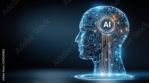Commercial glowing blue AI human head profile with circuit patterns and data flow extending right, white 