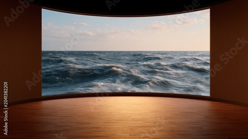 A panoramic view of a vast, wavy ocean is seen through a large curved window in a modern room with wooden flooring.