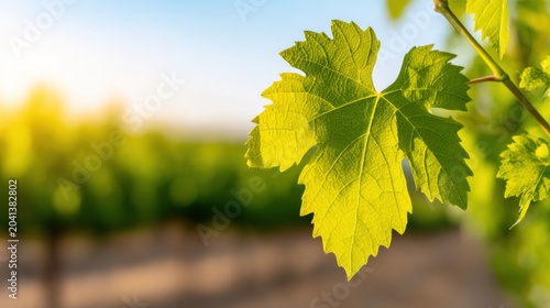 Close-up of a vibrant green grapevine leaf with vineyards blurred in the background under bright sunlight.