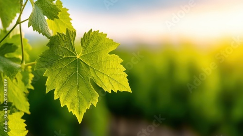 Close-up of fresh green grapevine leaves with a blurred vineyard background under soft sunlight.