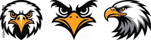 Fierce Bald Eagle and Hawk Mascot Vector Logo Collection, Modern Sports Team Aggressive Eagle Head Triptych, Frontal and Profile Vector Graphics, logo.