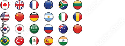 Shiny Round World National Flag Icons Set with Glossy Metallic Badge Design for International Global Use