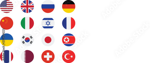 Circular world country flag icons set including USA UK China Japan and European nations vector illustration