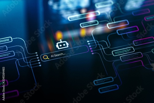 Futuristic interface glows with neon lines and data streams. Search icon pulses beside a robot symbol. Connections radiate like digital pathways. Abstract glow hints at artificial intelligence