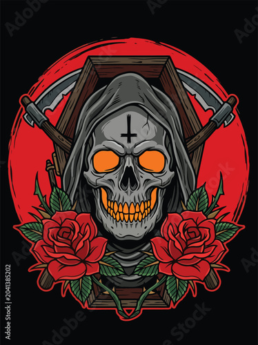 Grim Reaper Skull with Coffin and Roses Vector Illustration for Halloween Tattoo and Apparel Design