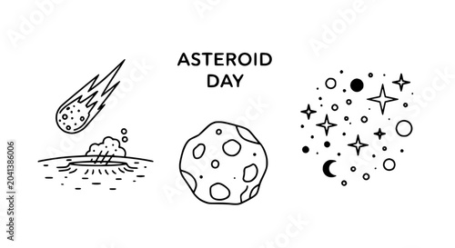 Photos Asteroid Day Concept: Meteor Impact, Planetoid, Starry Sky - Line Art