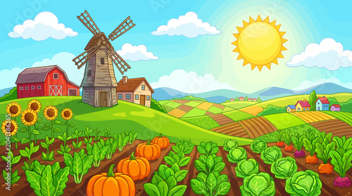 A vibrant cartoon farm landscape with windmill and fields of vegetables.