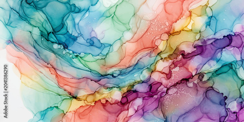 Foto Vibrant swirls of ink create an abstract, organic pattern of flowing colors, evoking a sense of fluid movement and artistic expression