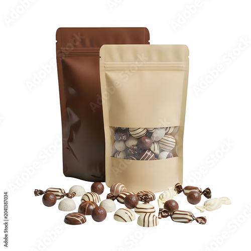 Two resealable pouches of assorted chocolates on transparent background